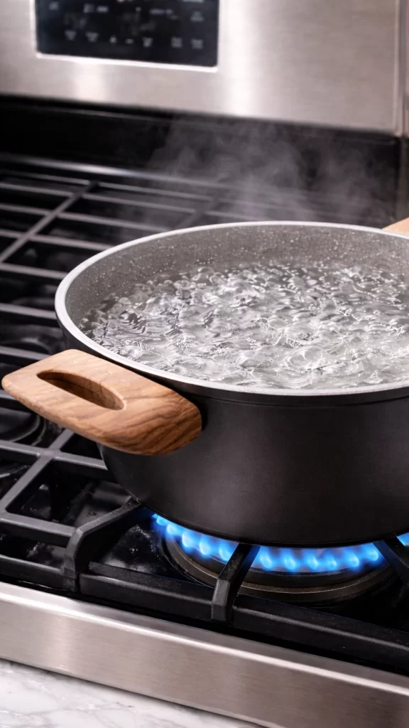 olla con agua caliente lista para el baño maría